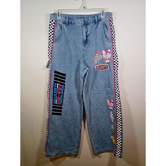 Hello Kitty and Friends Sanrio Racer Patches Wide Leg Light Jeans Size 15 - Picture 1 of 13